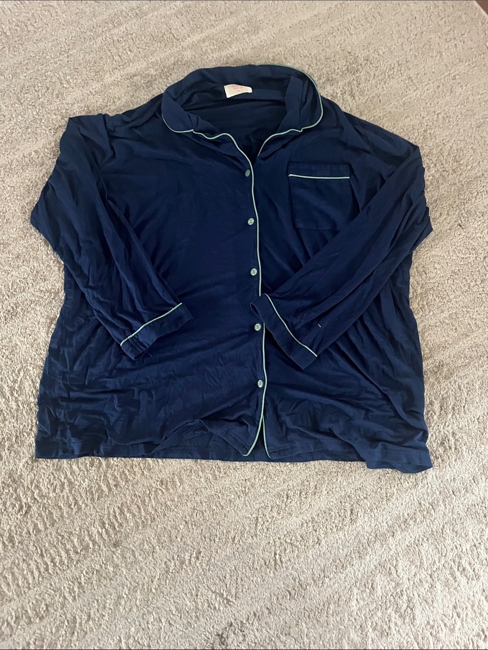 In My Sundays Navy and Mint Green Piping Button-Up Long Sleeve Pajama Top 2XL